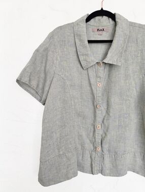 FLAX Linen Green Button Up Boxy Short Sleeve Top, L